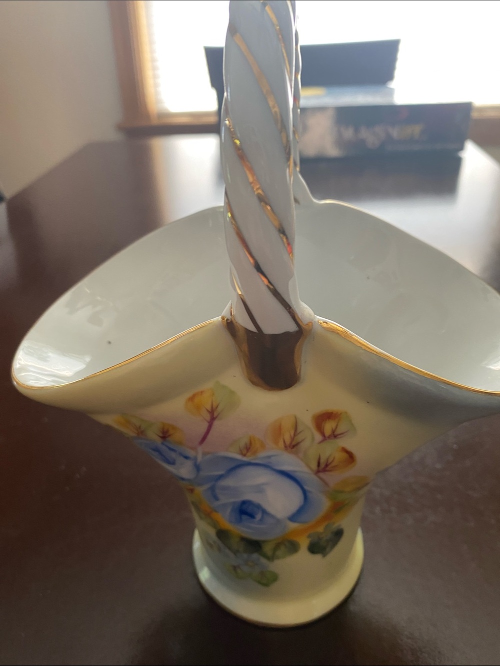 Porcelain Floral Basket with Blue Rose and Gold Trim